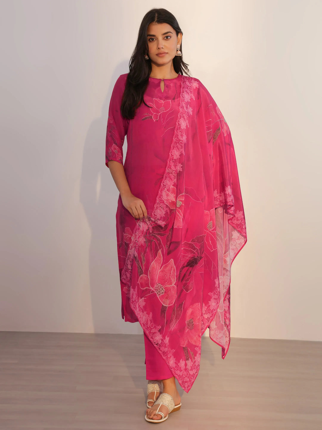  Pink Printed Silk Blend Straight Suit With Dupatta 