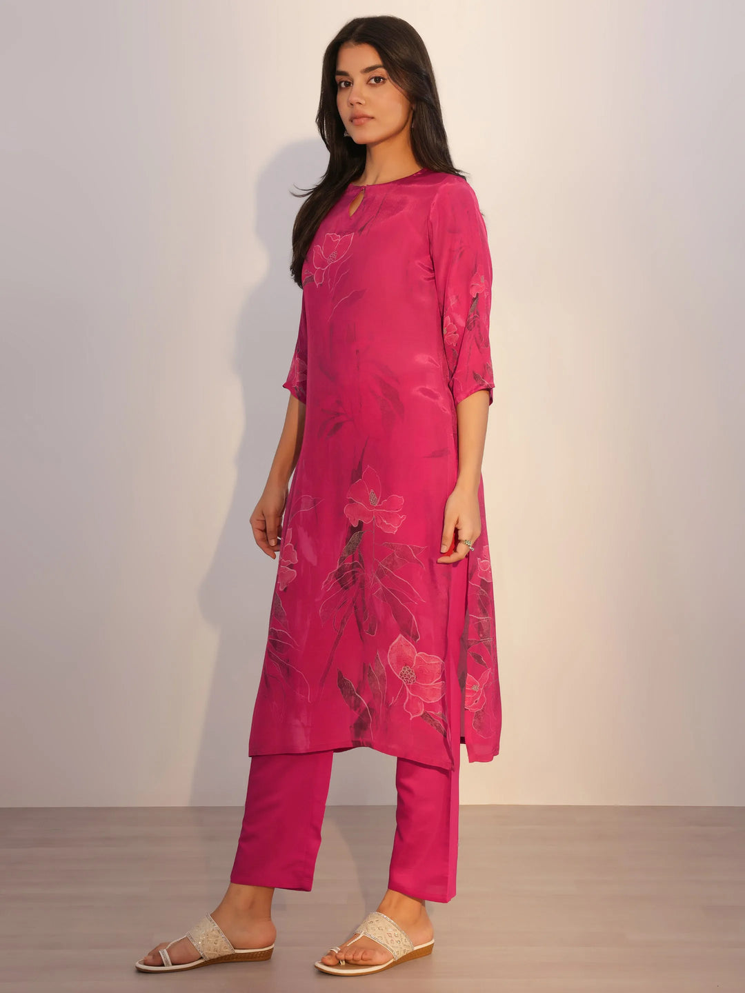  Pink Printed Silk Blend Straight Suit With Dupatta 