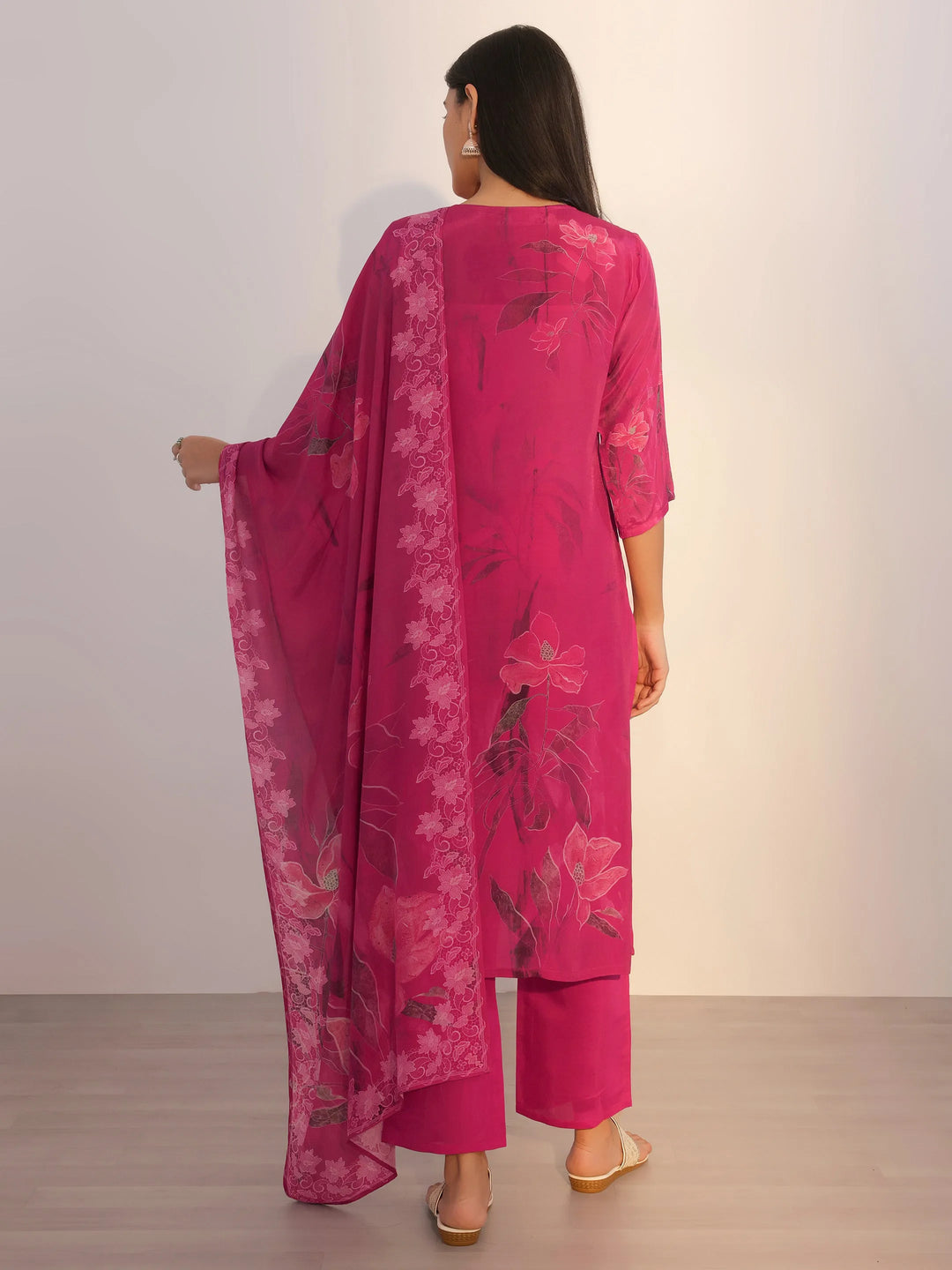  Pink Printed Silk Blend Straight Suit With Dupatta 