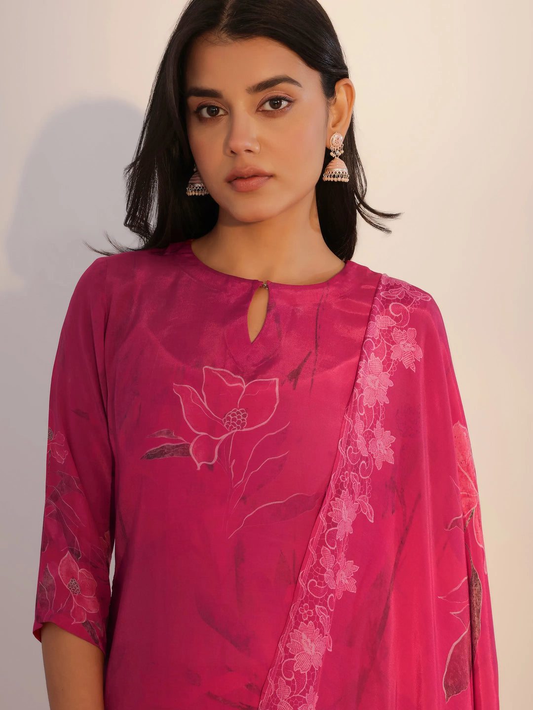  Pink Printed Silk Blend Straight Suit With Dupatta 