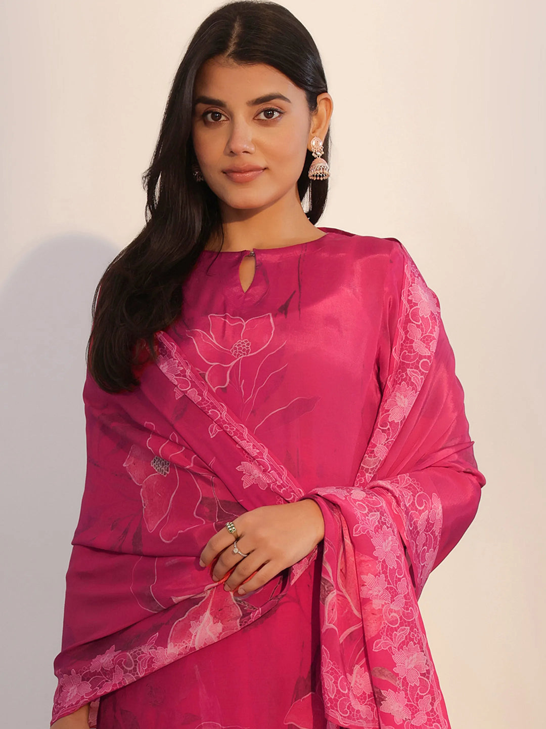  Pink Printed Silk Blend Straight Suit With Dupatta 