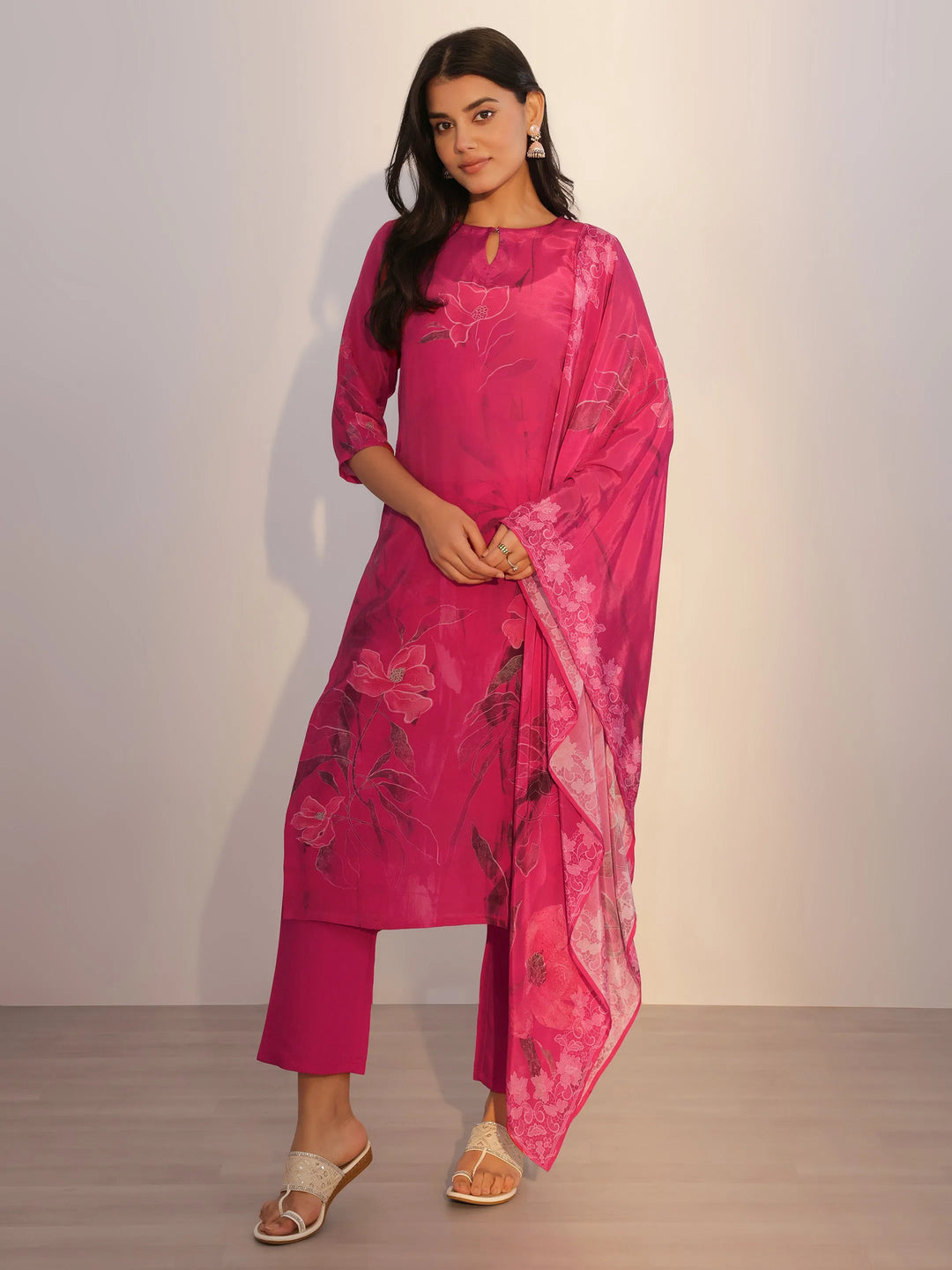  Pink Printed Silk Blend Straight Suit With Dupatta 