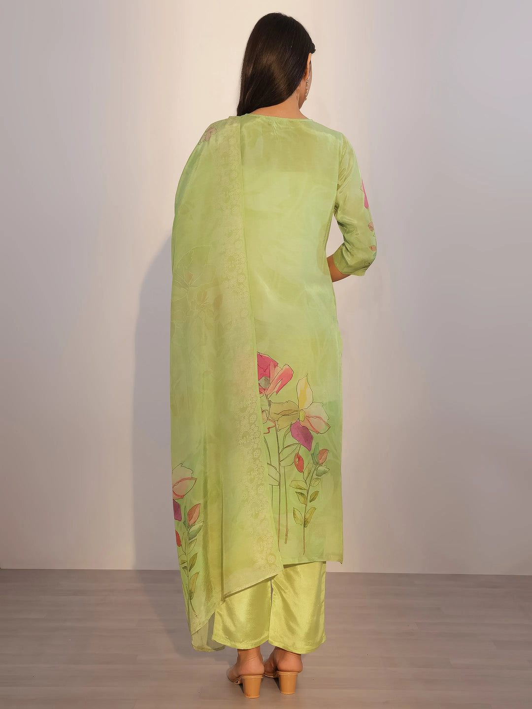  Green Printed Silk Blend Straight Suit With Dupatta 