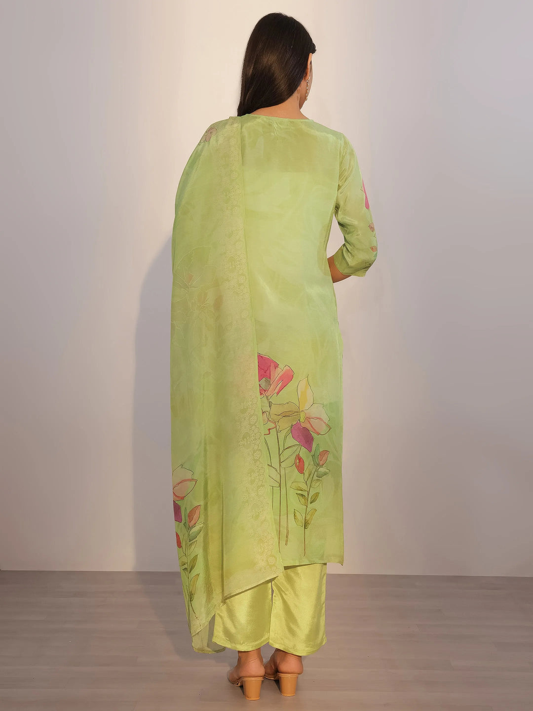  Green Printed Silk Blend Straight Suit With Dupatta 