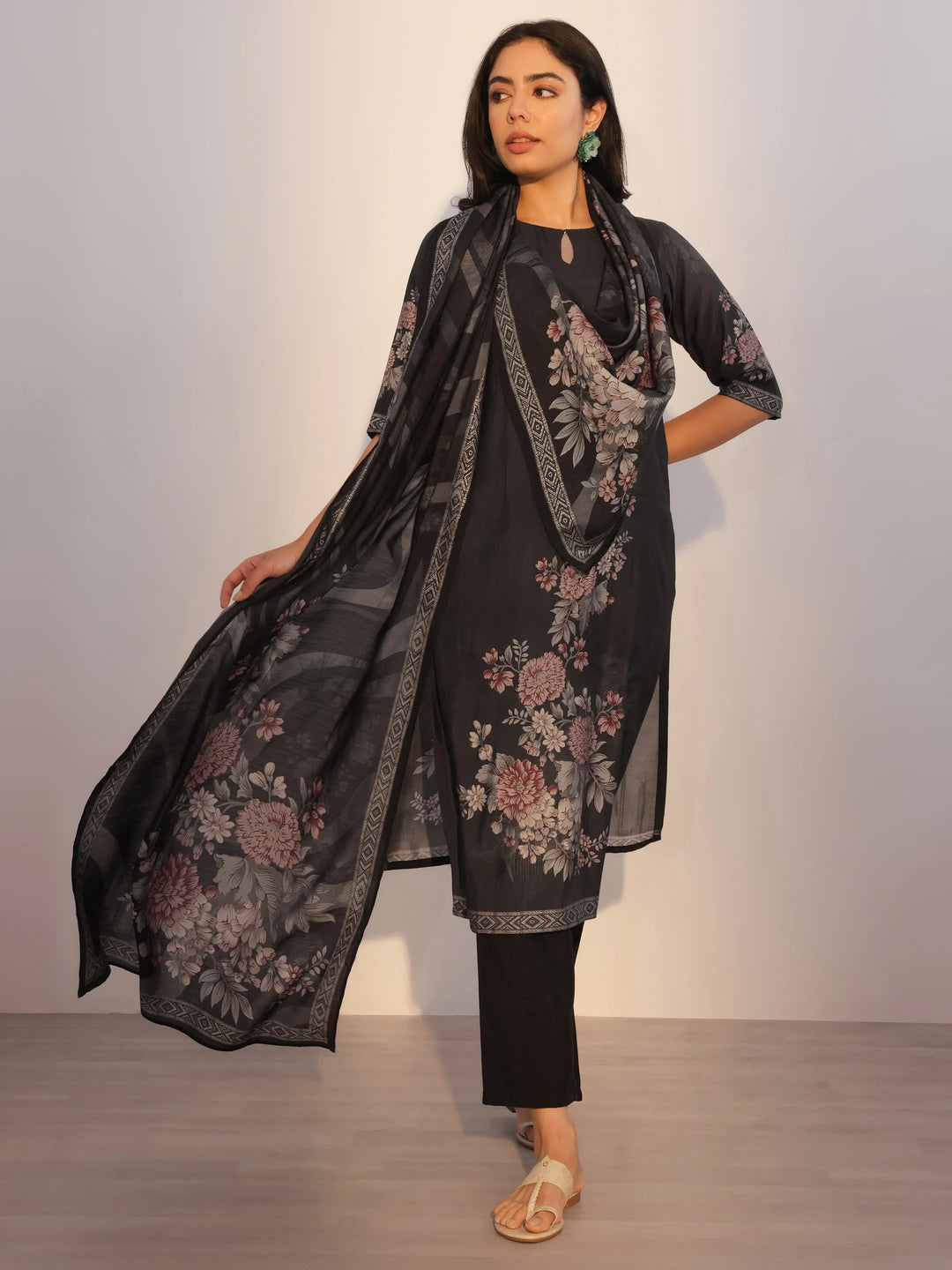  Black Printed Silk Blend Straight Suit With Dupatta 