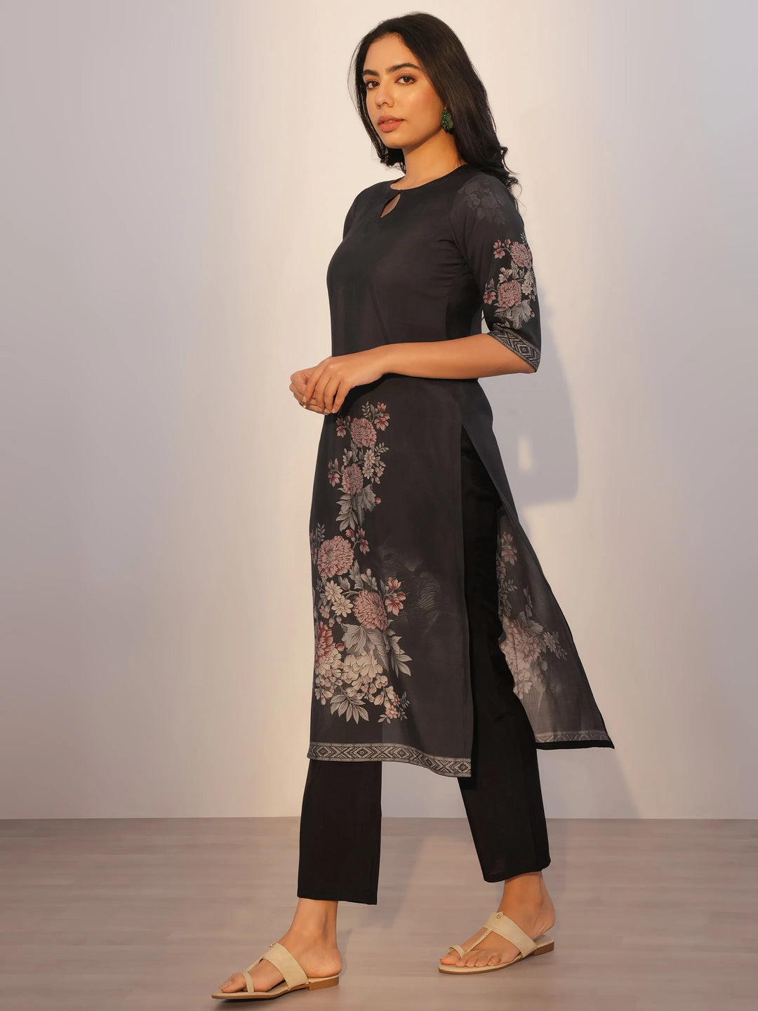  Black Printed Silk Blend Straight Suit With Dupatta 