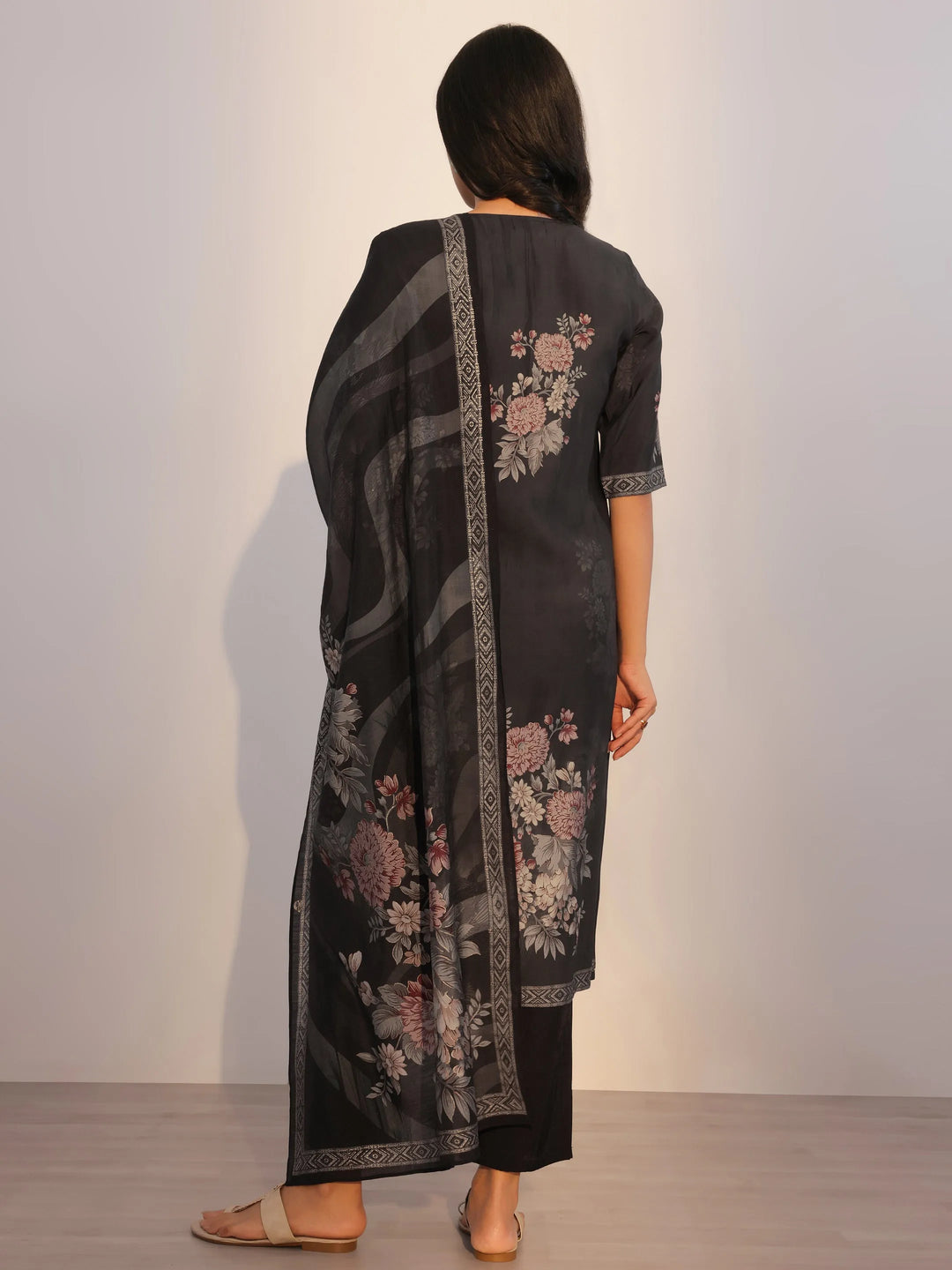  Black Printed Silk Blend Straight Suit With Dupatta 