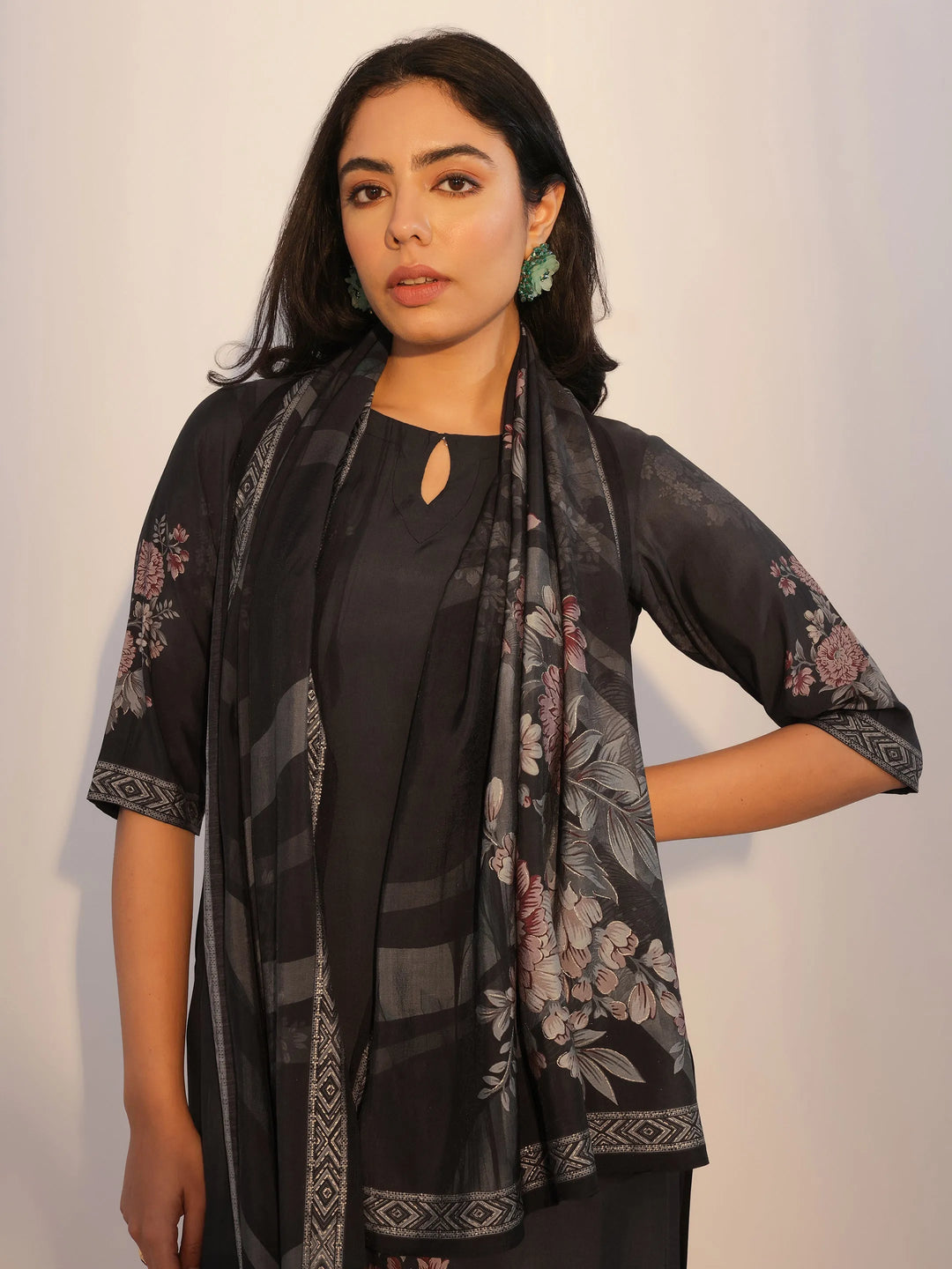  Black Printed Silk Blend Straight Suit With Dupatta 