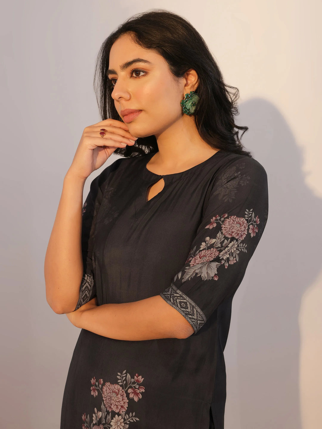  Black Printed Silk Blend Straight Suit With Dupatta 