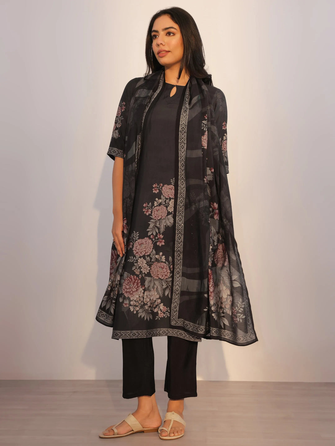  Black Printed Silk Blend Straight Suit With Dupatta 