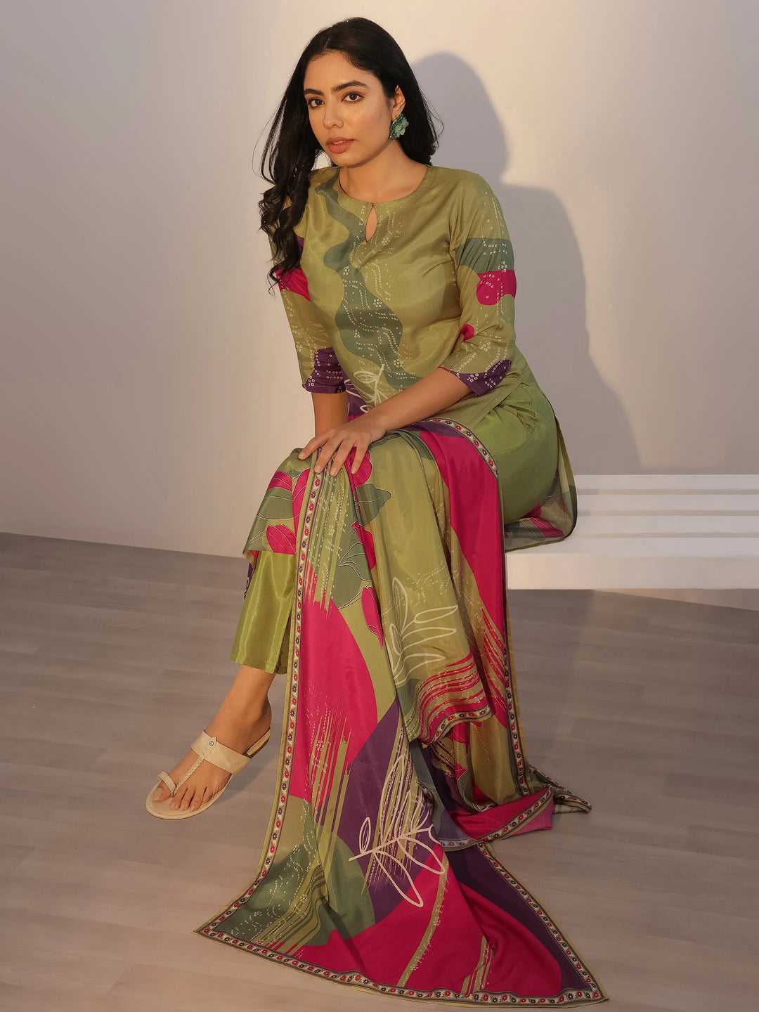 Green Printed Silk Blend Straight Suit With Dupatta