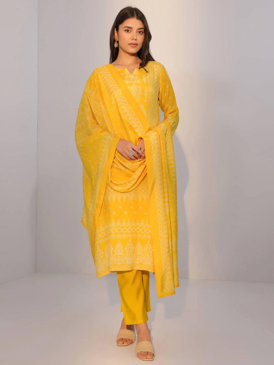 Yellow Printed Silk Blend Straight Suit With Dupatta 