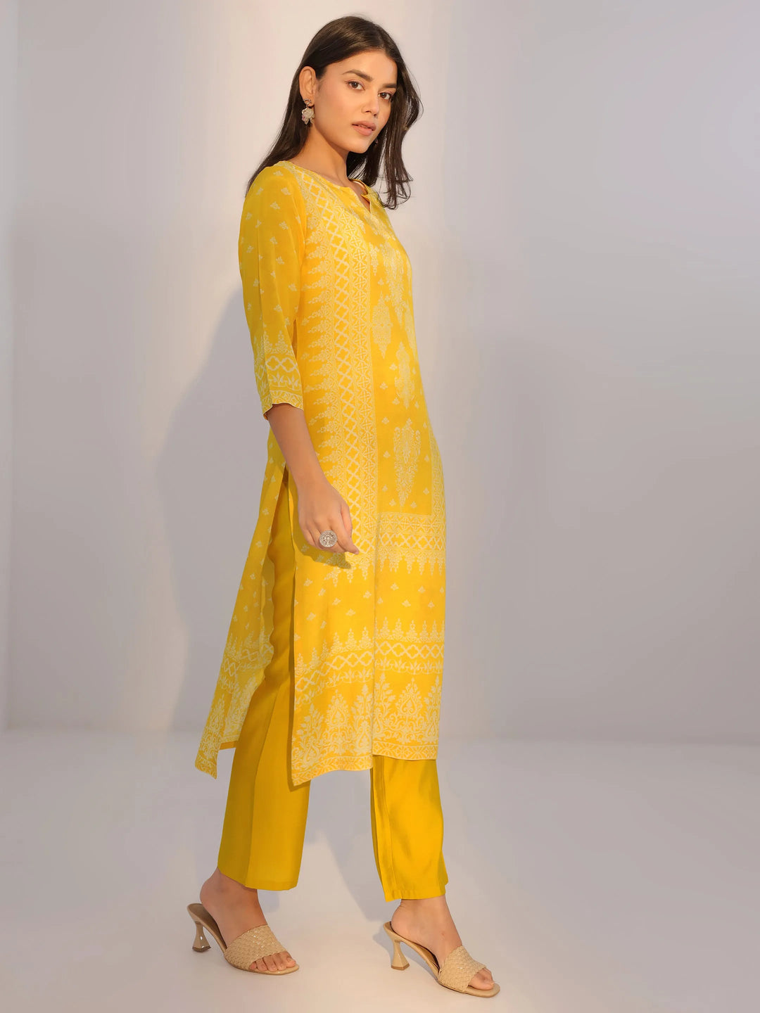  Yellow Printed Silk Blend Straight Suit With Dupatta 