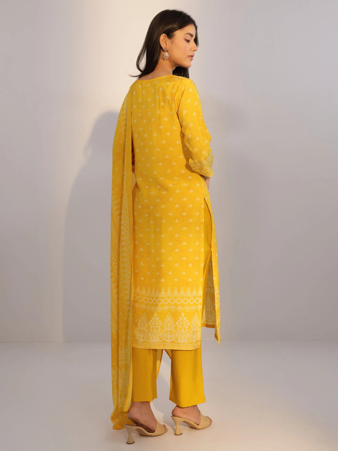  Yellow Printed Silk Blend Straight Suit With Dupatta 