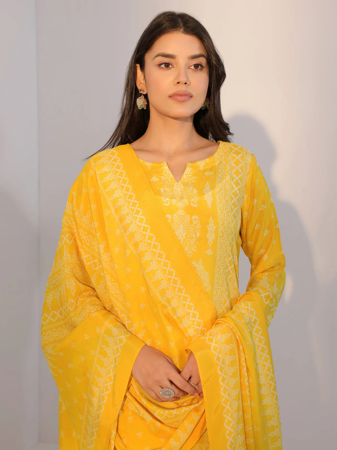  Yellow Printed Silk Blend Straight Suit With Dupatta 