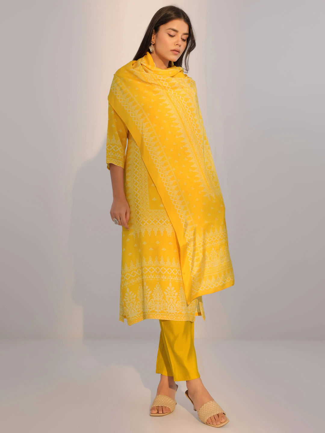  Yellow Printed Silk Blend Straight Suit With Dupatta 