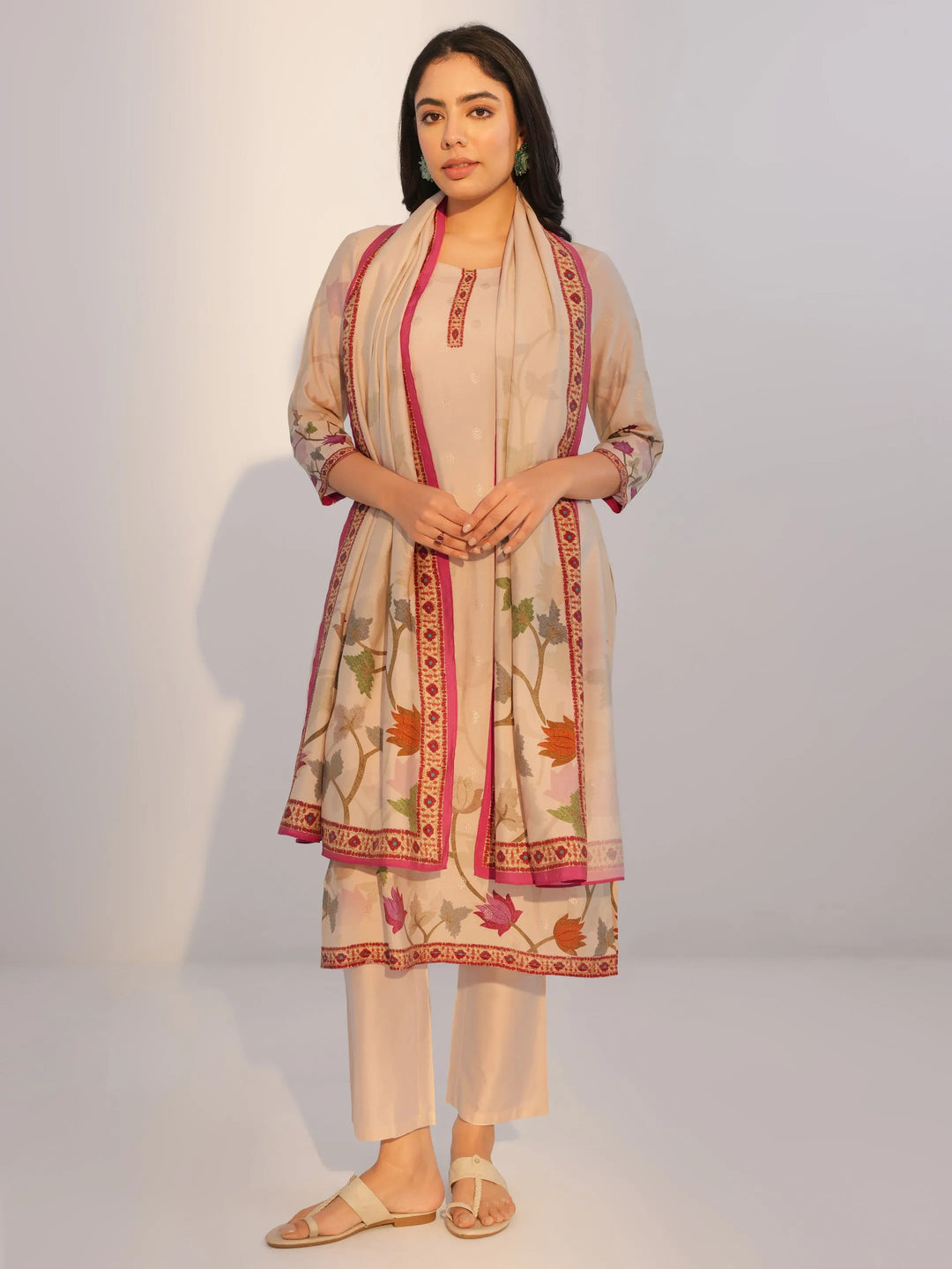  Beige Printed Silk Blend Straight Suit With Dupatta 