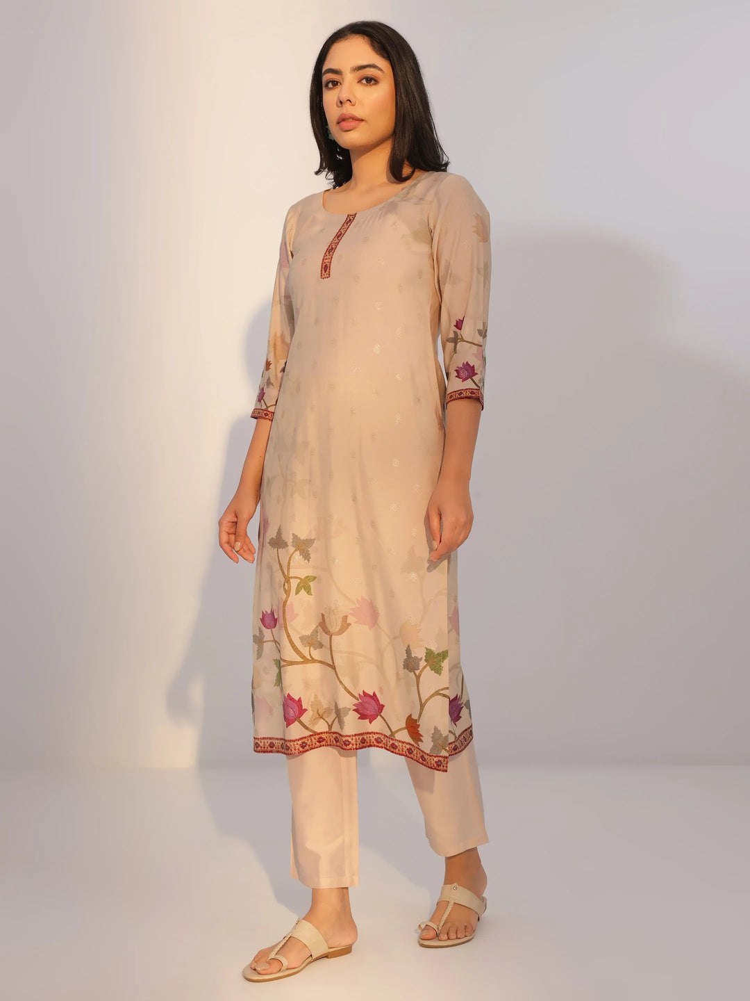  Beige Printed Silk Blend Straight Suit With Dupatta 
