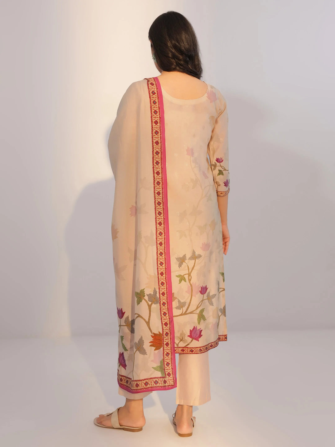  Beige Printed Silk Blend Straight Suit With Dupatta 