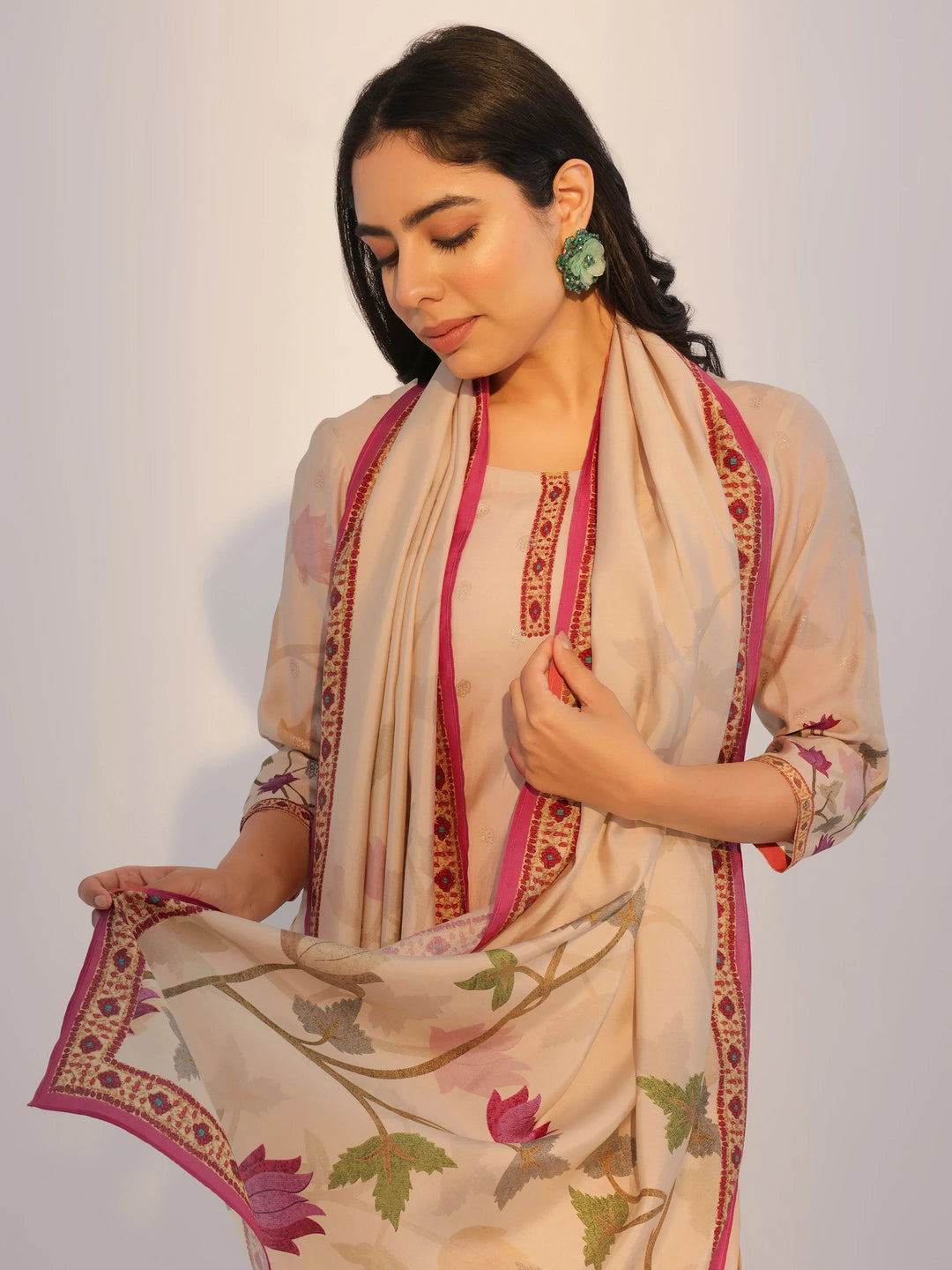 Beige Printed Silk Blend Straight Suit With Dupatta 
