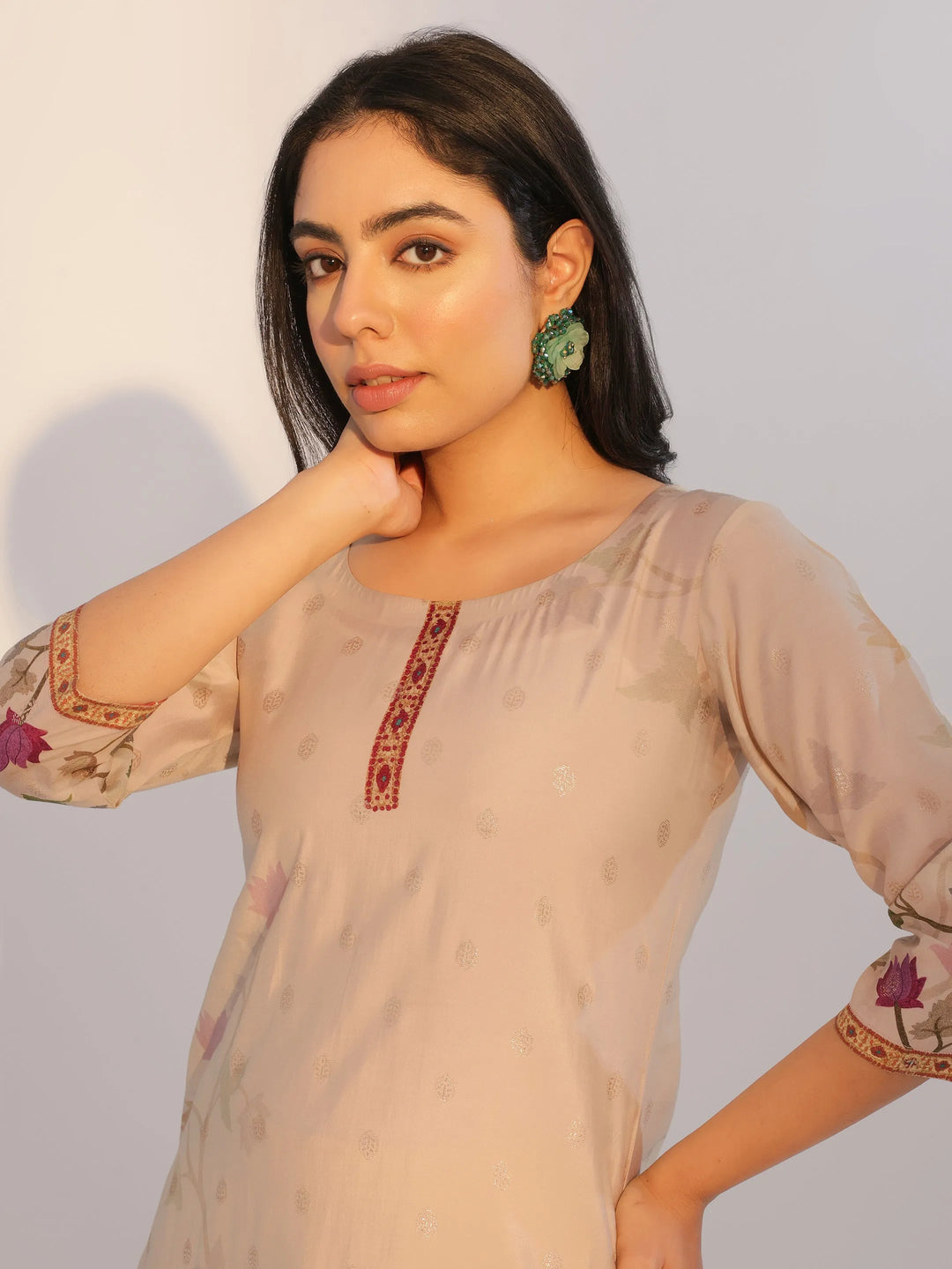  Beige Printed Silk Blend Straight Suit With Dupatta 