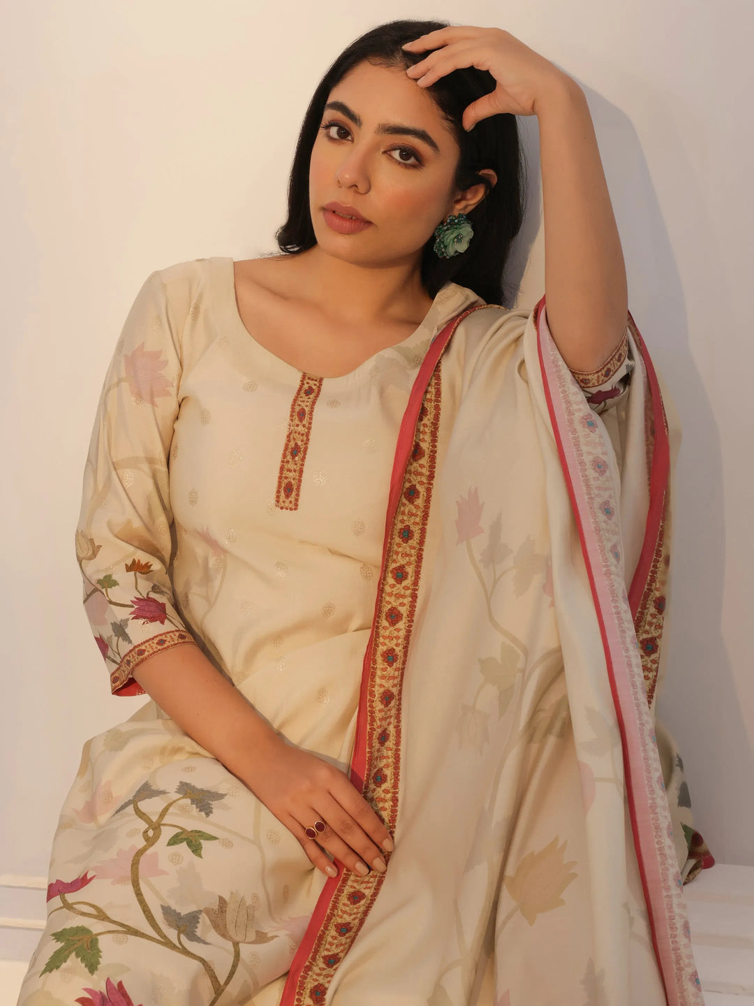  Beige Printed Silk Blend Straight Suit With Dupatta 