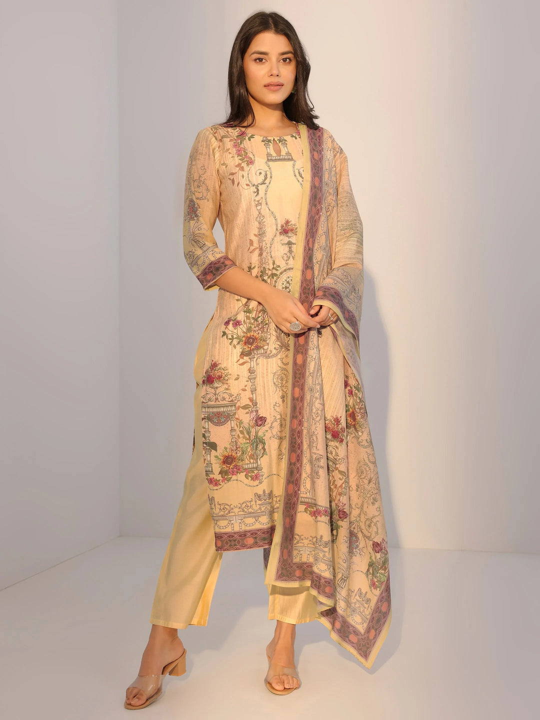  Yellow Printed Silk Blend Straight Suit With Dupatta 