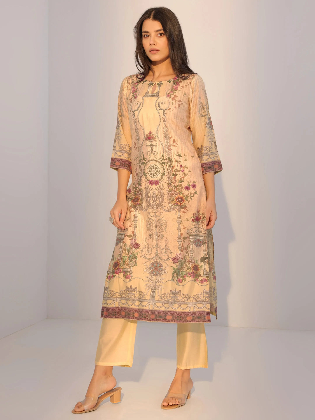  Yellow Printed Silk Blend Straight Suit With Dupatta 