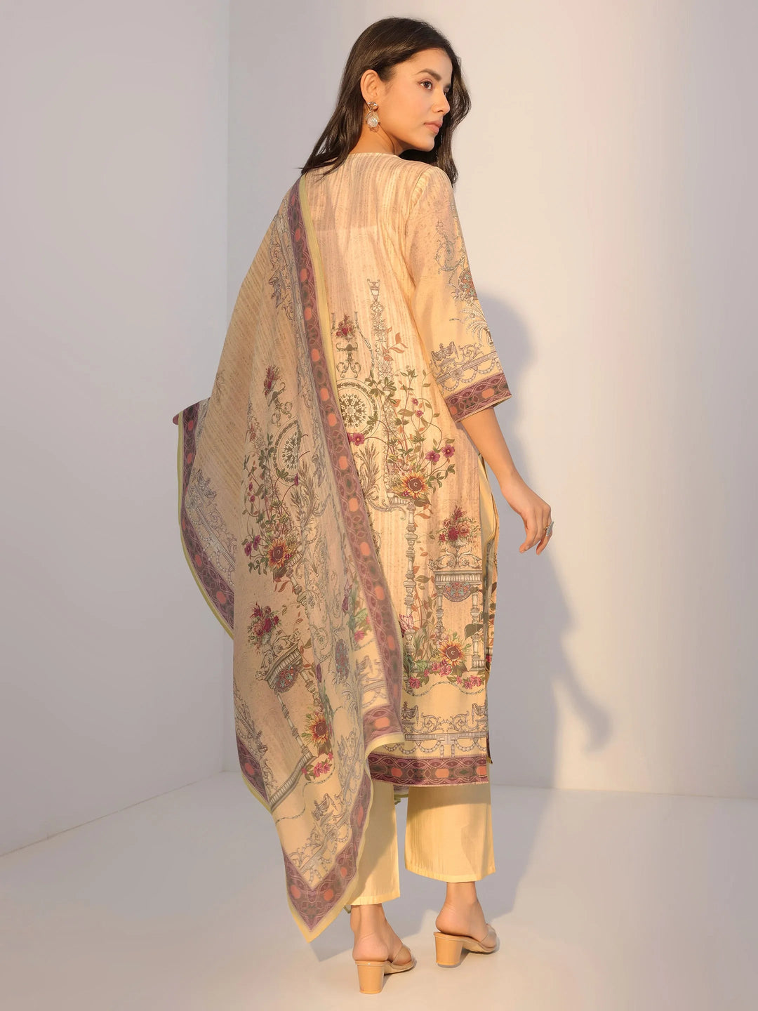  Yellow Printed Silk Blend Straight Suit With Dupatta 
