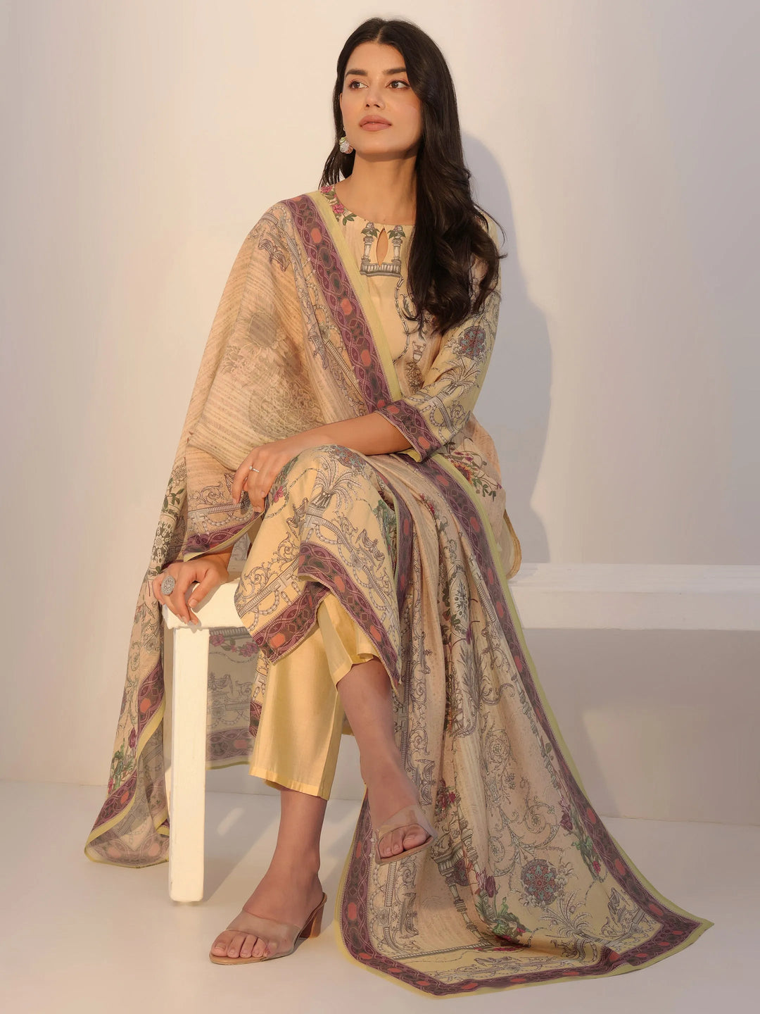 Yellow Printed Silk Blend Straight Suit With Dupatta 