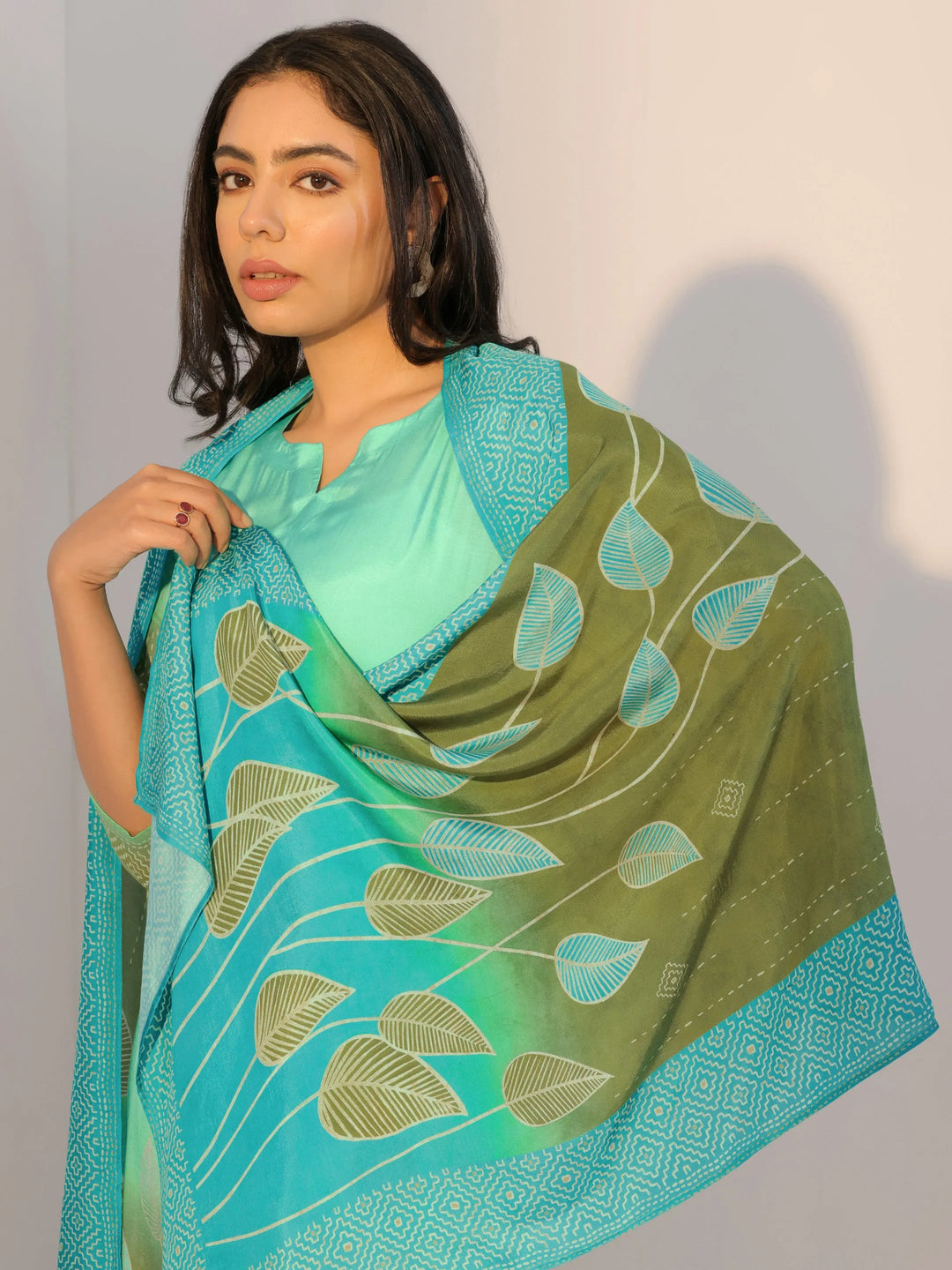  Blue Printed Silk Blend Straight Suit With Dupatta 