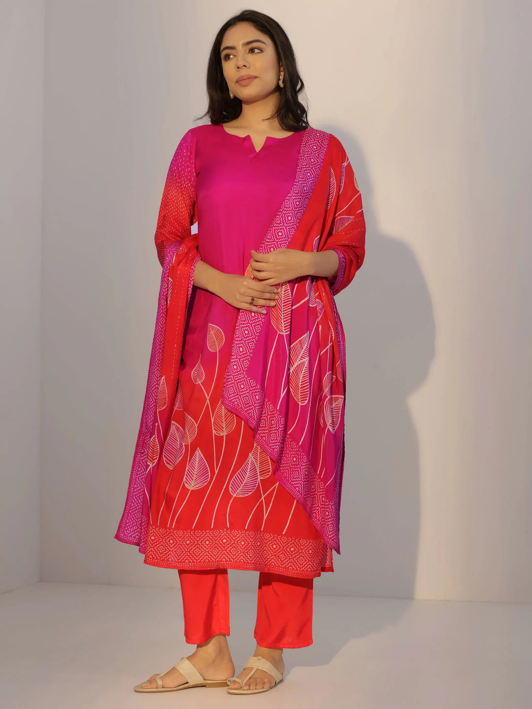  Pink Printed Silk Blend Straight Suit With Dupatta 