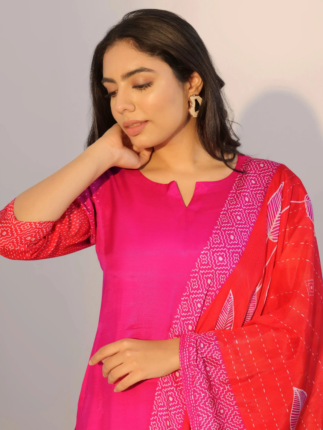  Pink Printed Silk Blend Straight Suit With Dupatta 