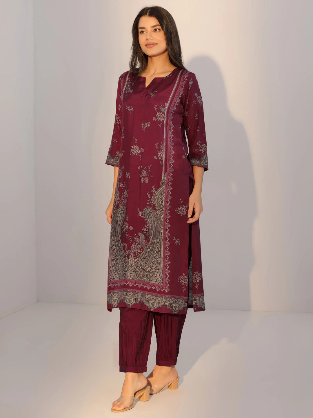  Rust Printed Silk Blend Straight Suit With Dupatta 