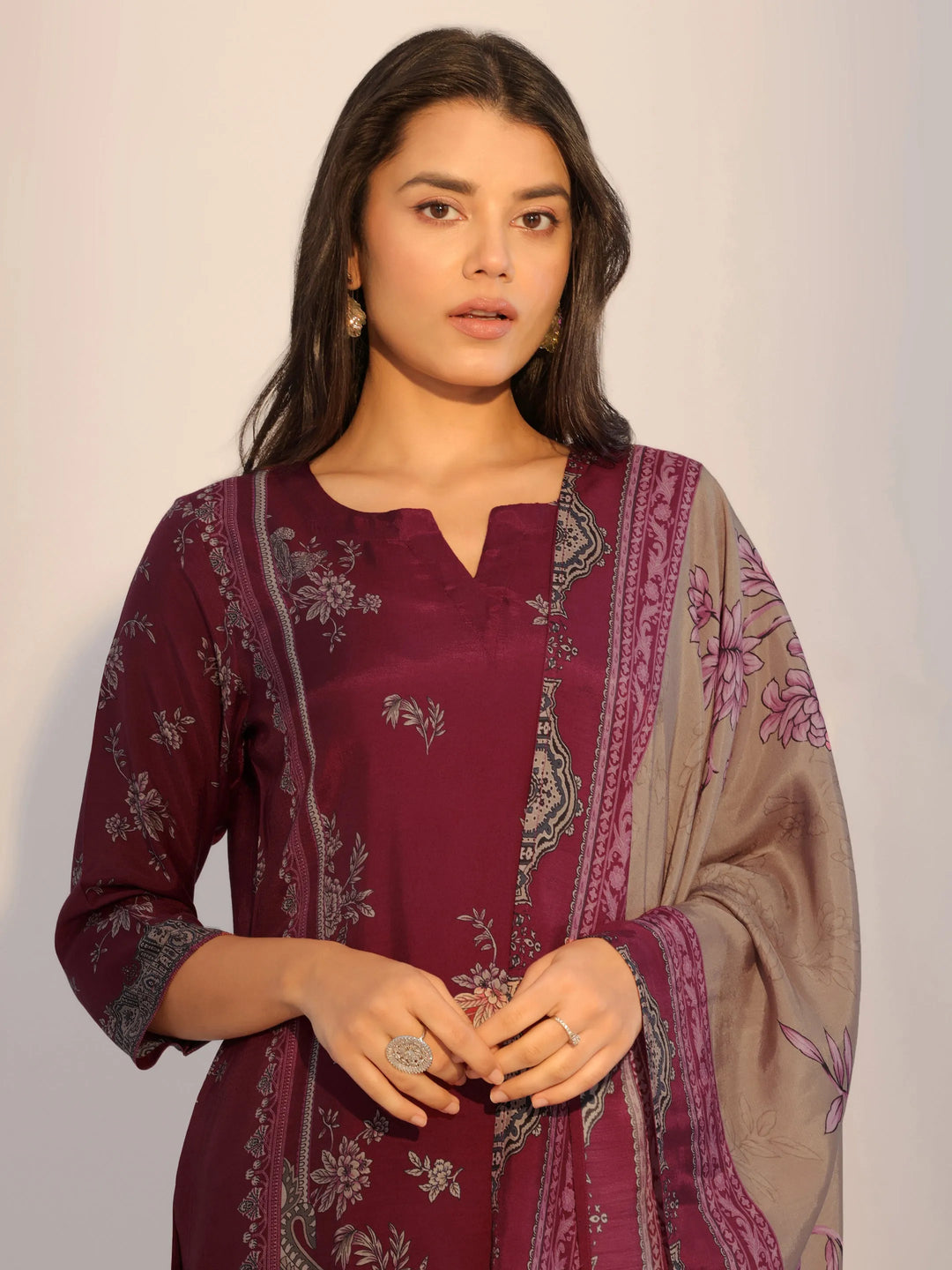  Rust Printed Silk Blend Straight Suit With Dupatta 