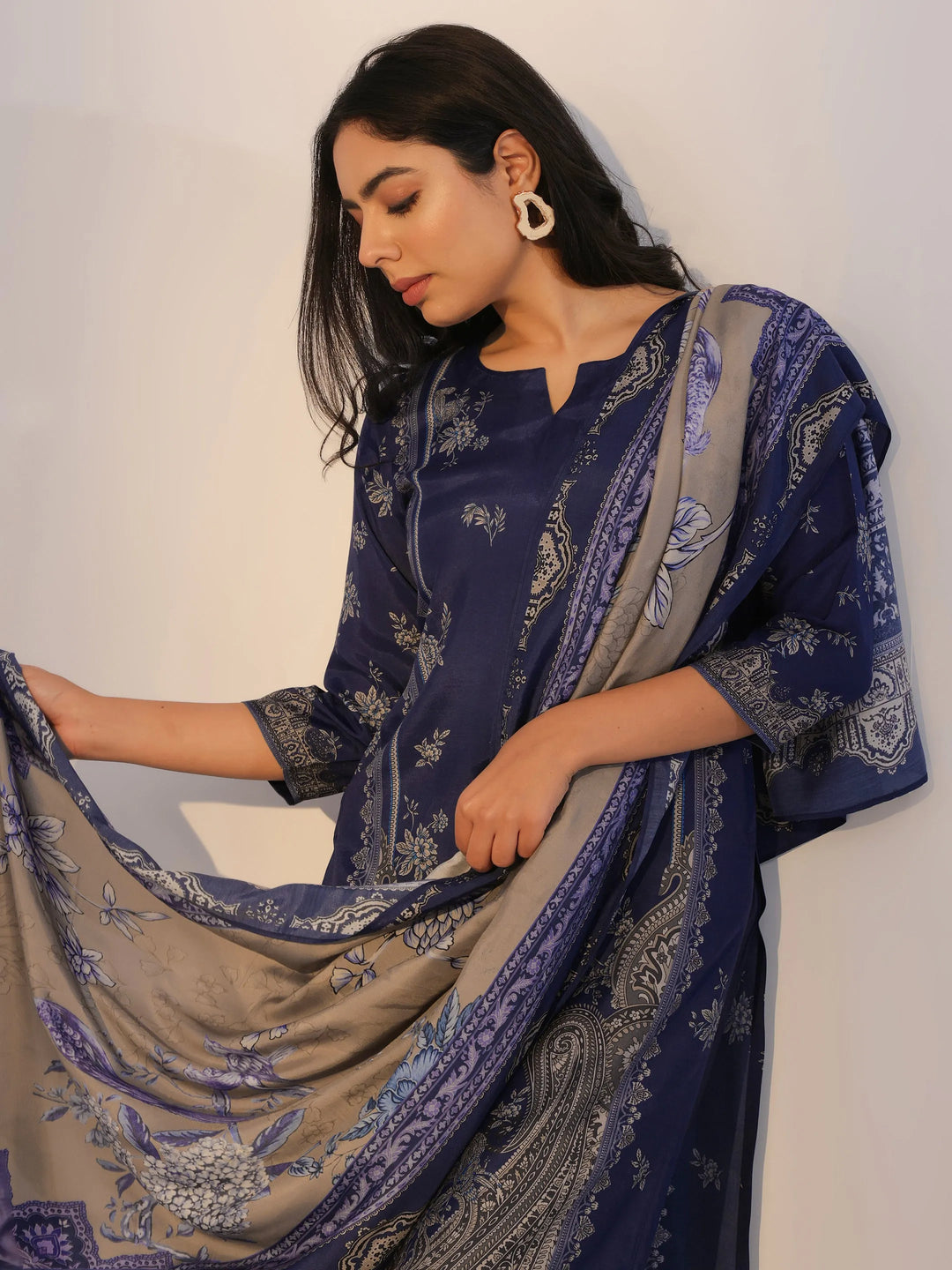  Blue Printed Silk Blend Straight Suit With Dupatta 