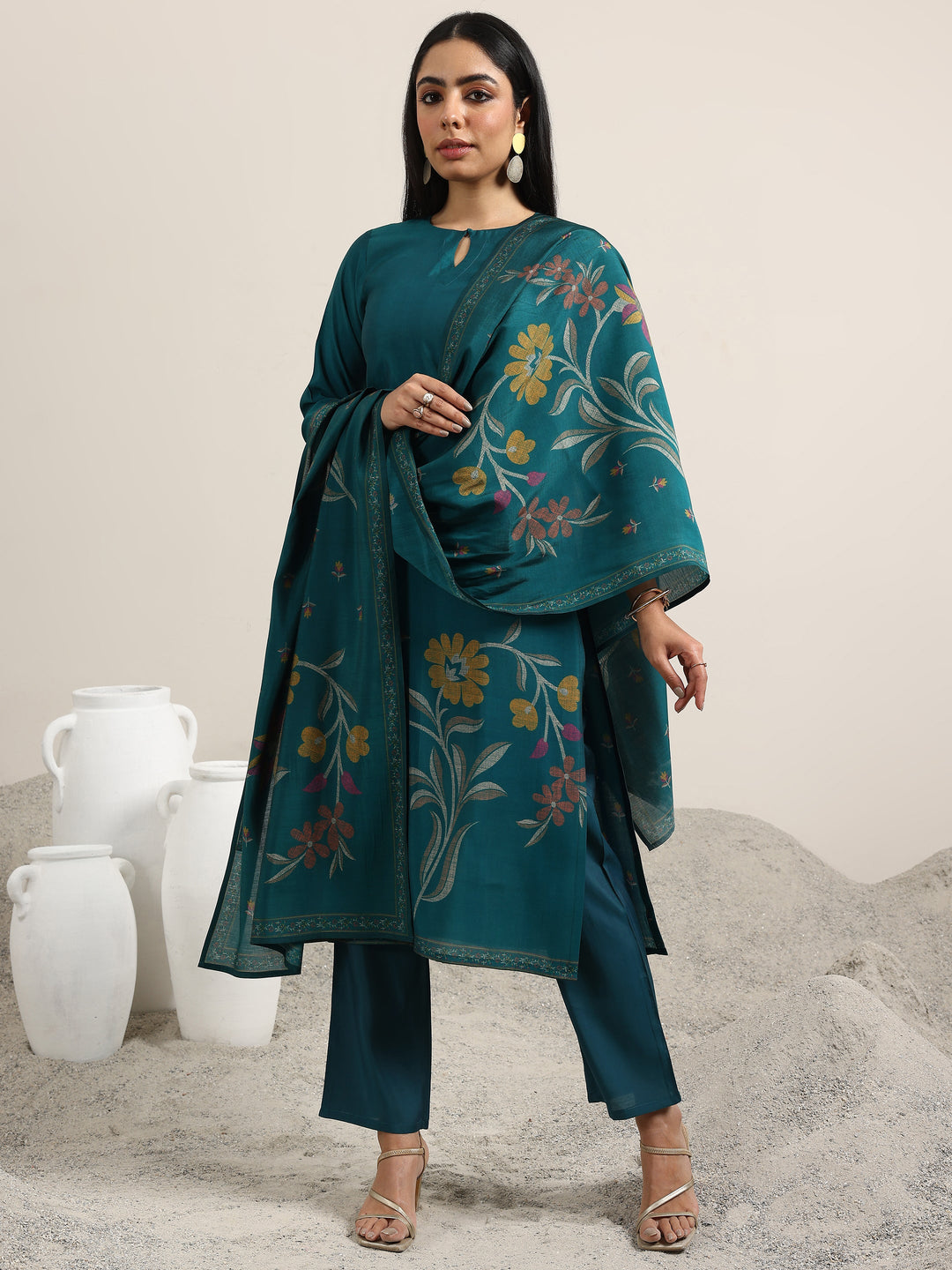  Teal Printed Silk Blend Straight Suit With Dupatta 