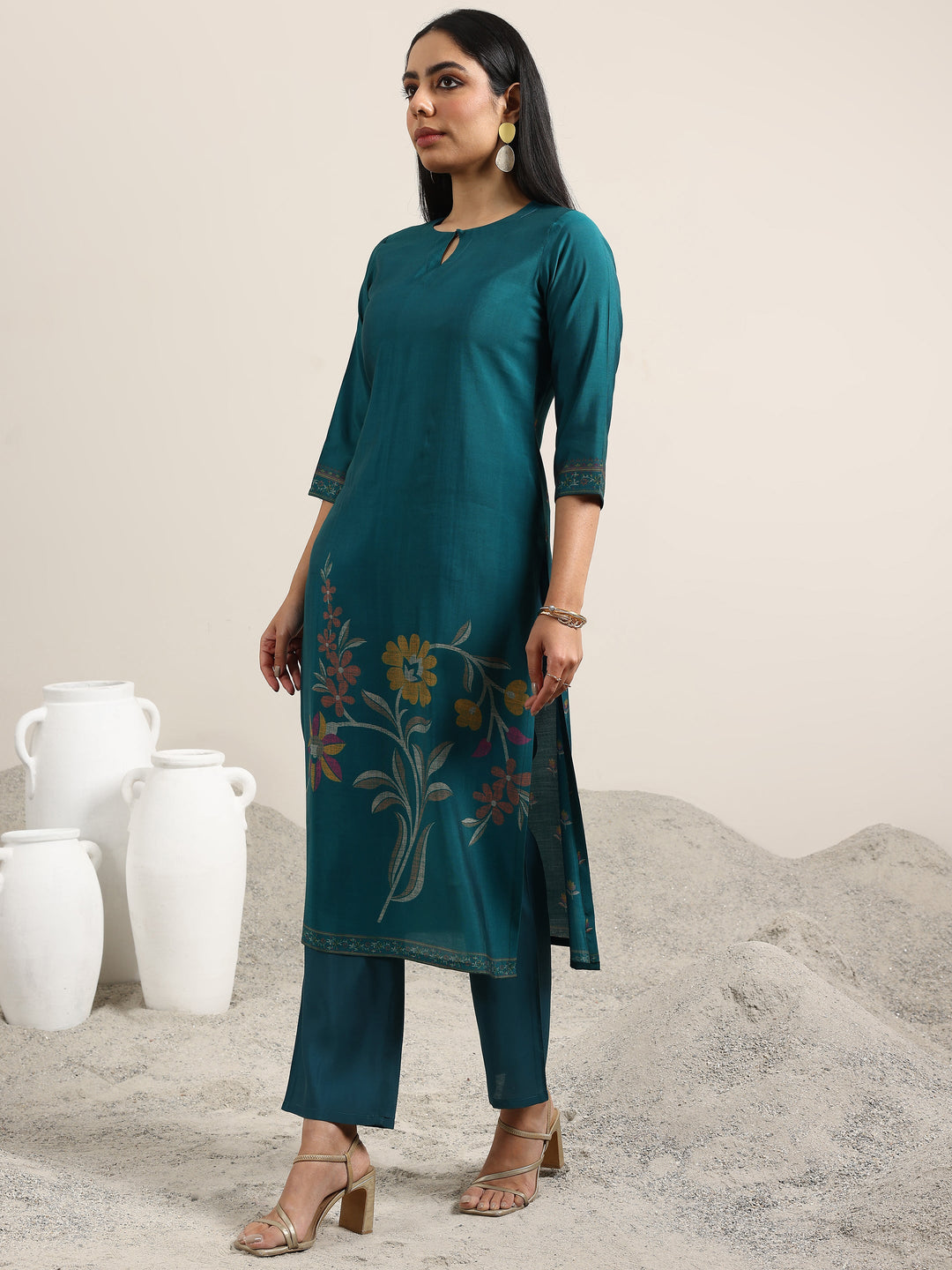  Teal Printed Silk Blend Straight Suit With Dupatta 