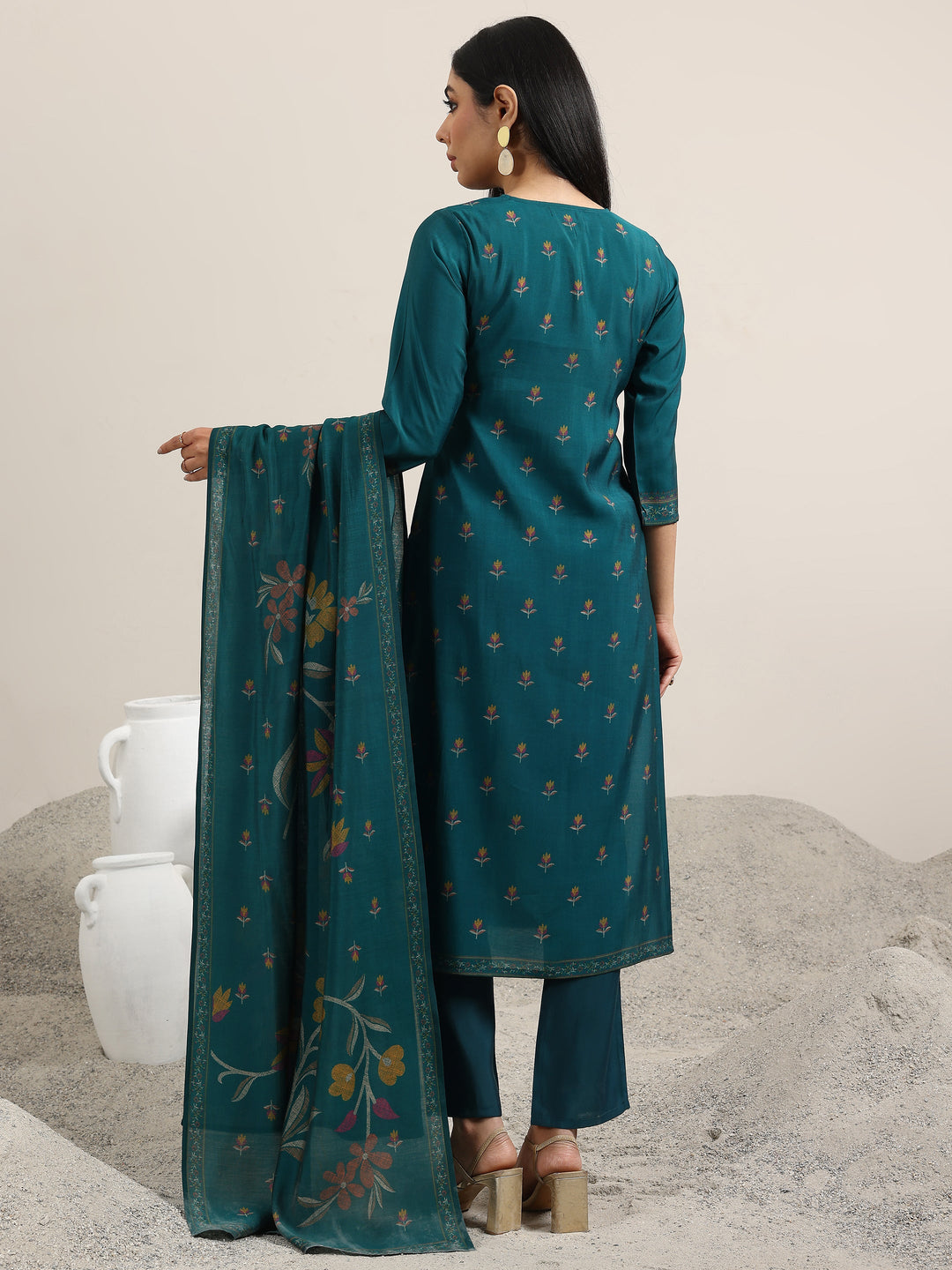  Teal Printed Silk Blend Straight Suit With Dupatta 