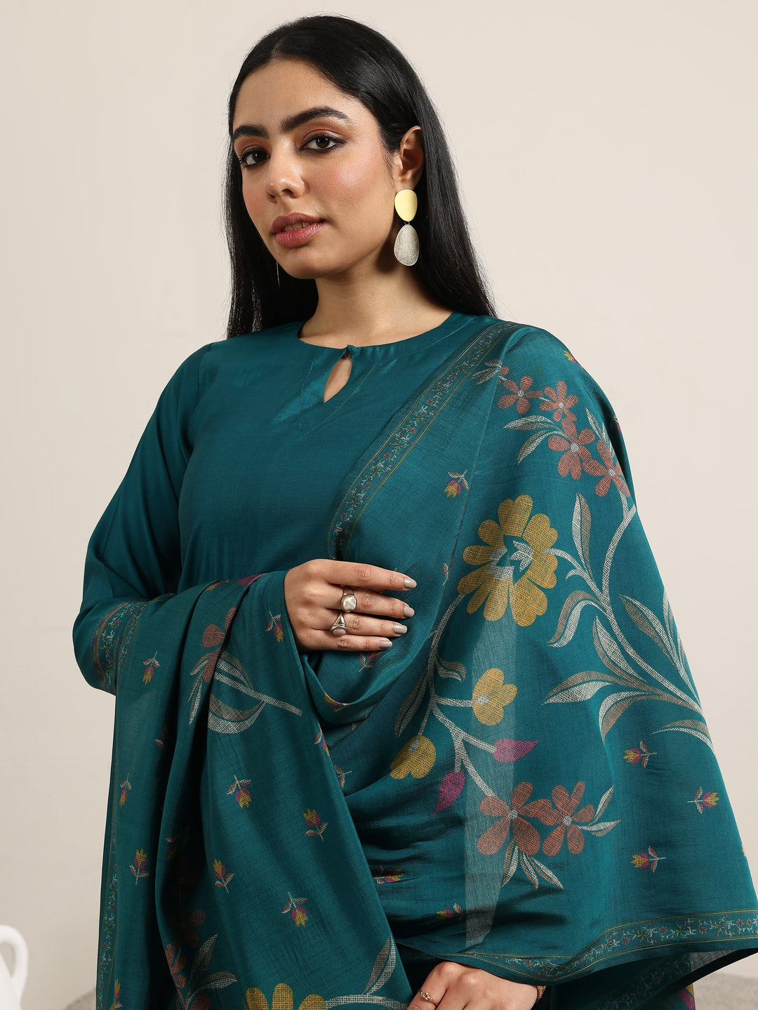  Teal Printed Silk Blend Straight Suit With Dupatta 