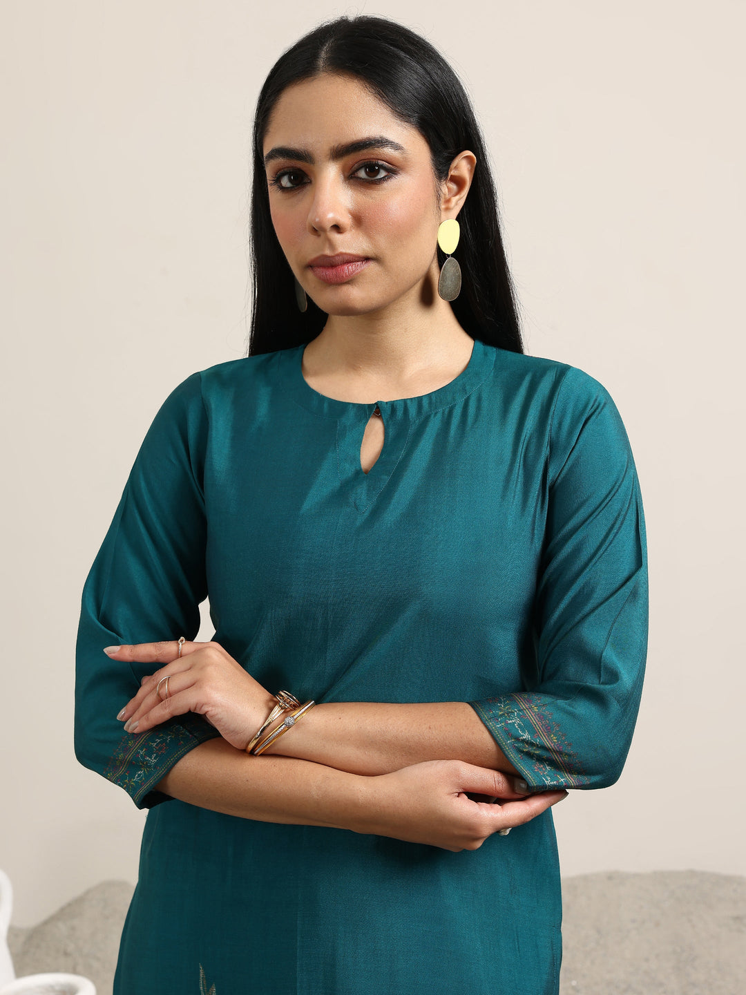  Teal Printed Silk Blend Straight Suit With Dupatta 