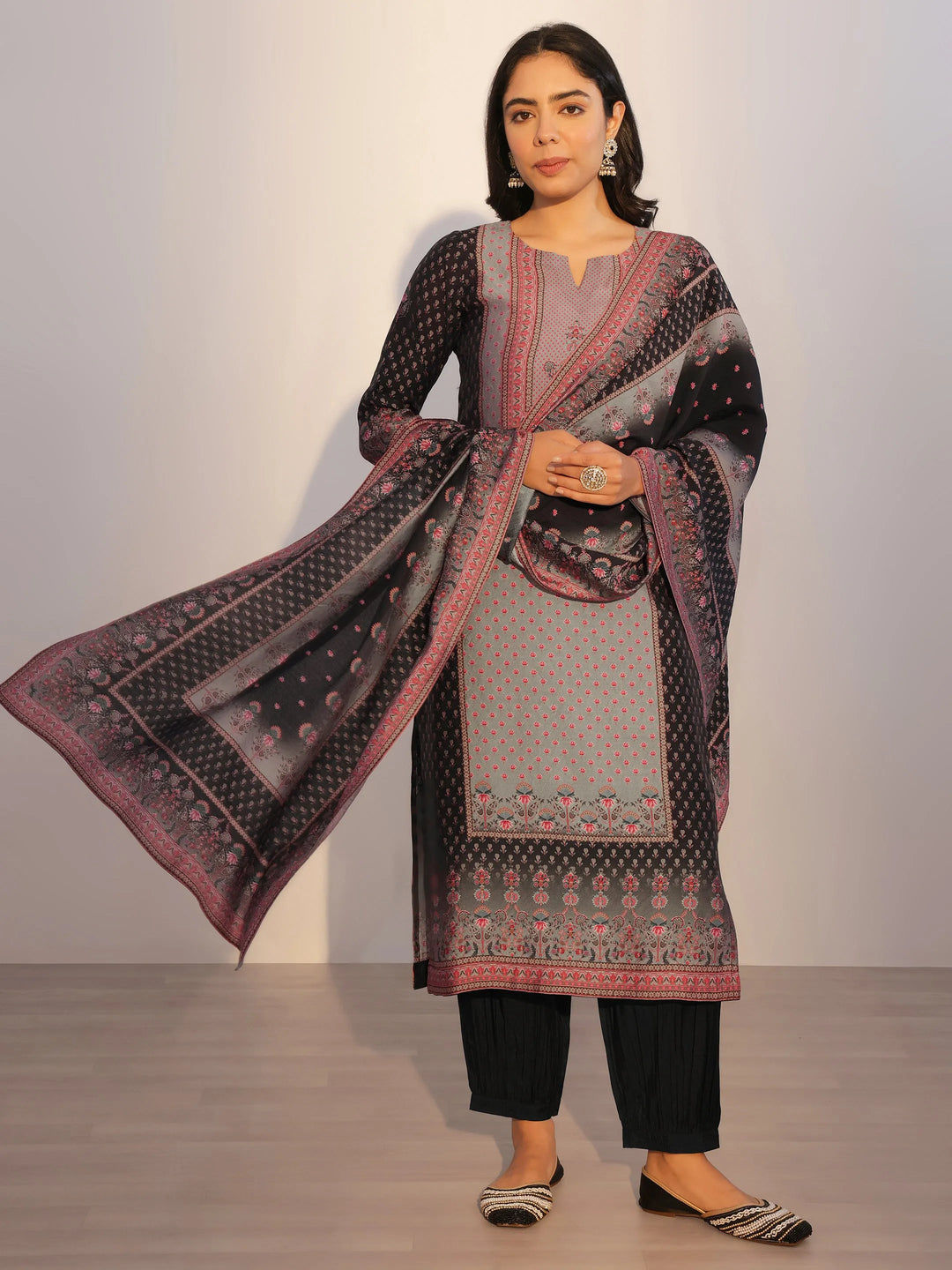  Grey Printed Silk Blend Straight Suit With Dupatta 