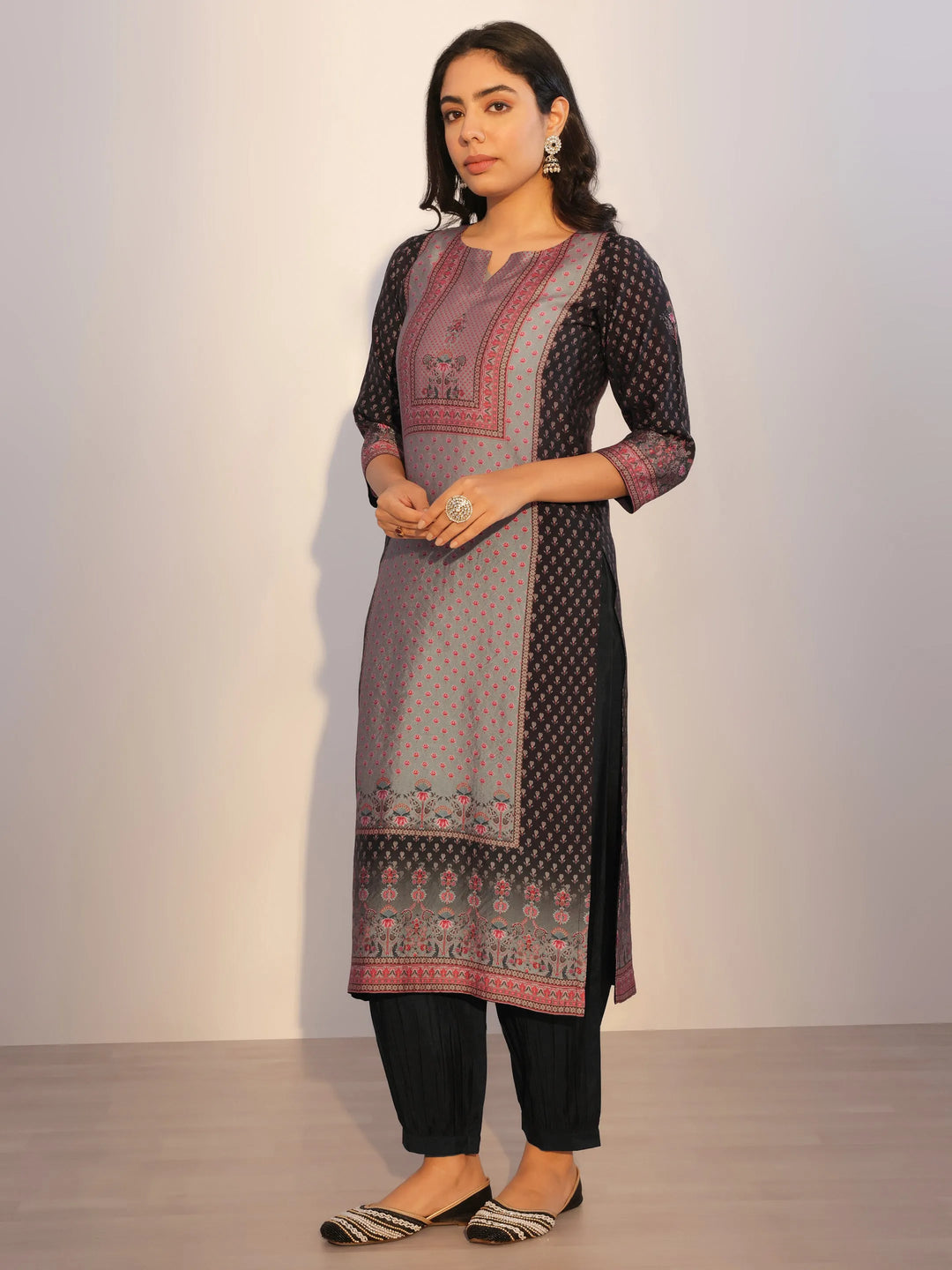  Grey Printed Silk Blend Straight Suit With Dupatta 