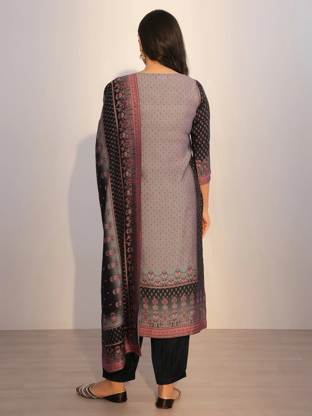  Grey Printed Silk Blend Straight Suit With Dupatta 