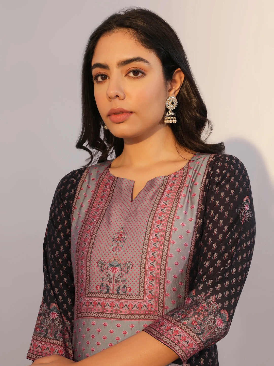  Grey Printed Silk Blend Straight Suit With Dupatta 