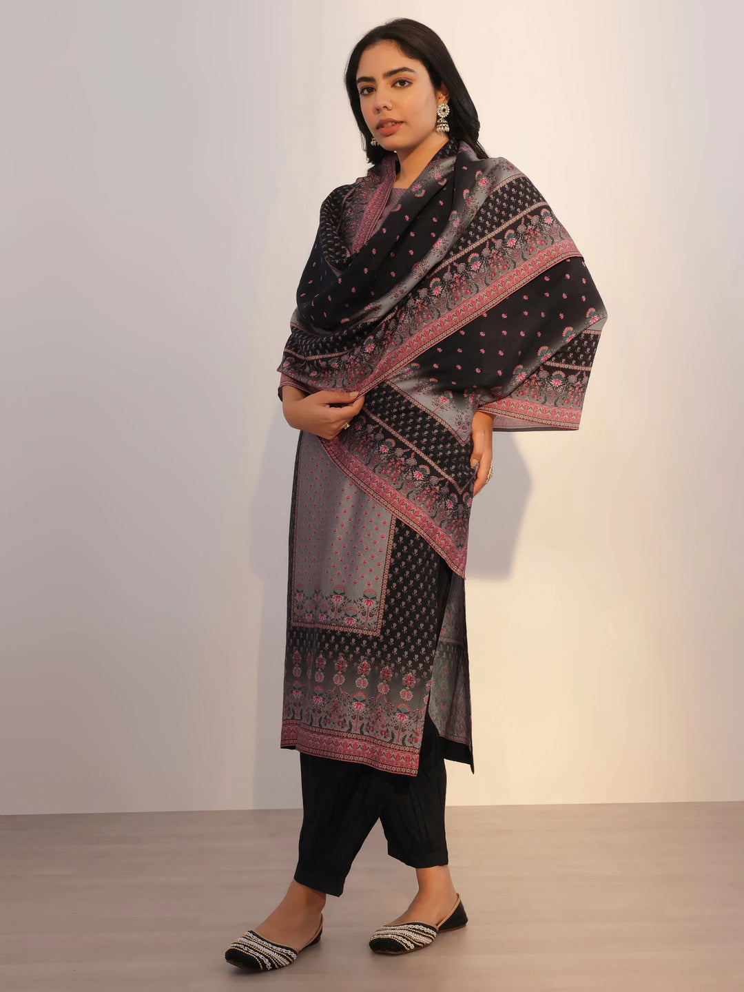  Grey Printed Silk Blend Straight Suit With Dupatta 