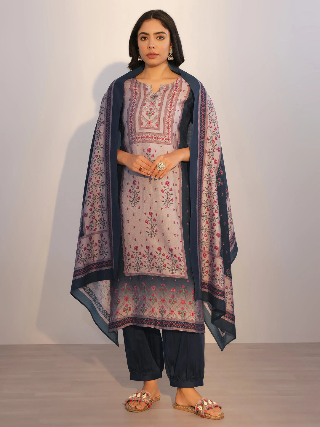  Blue Printed Silk Blend Straight Suit With Dupatta 
