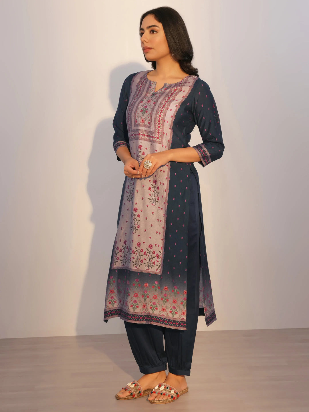  Blue Printed Silk Blend Straight Suit With Dupatta 