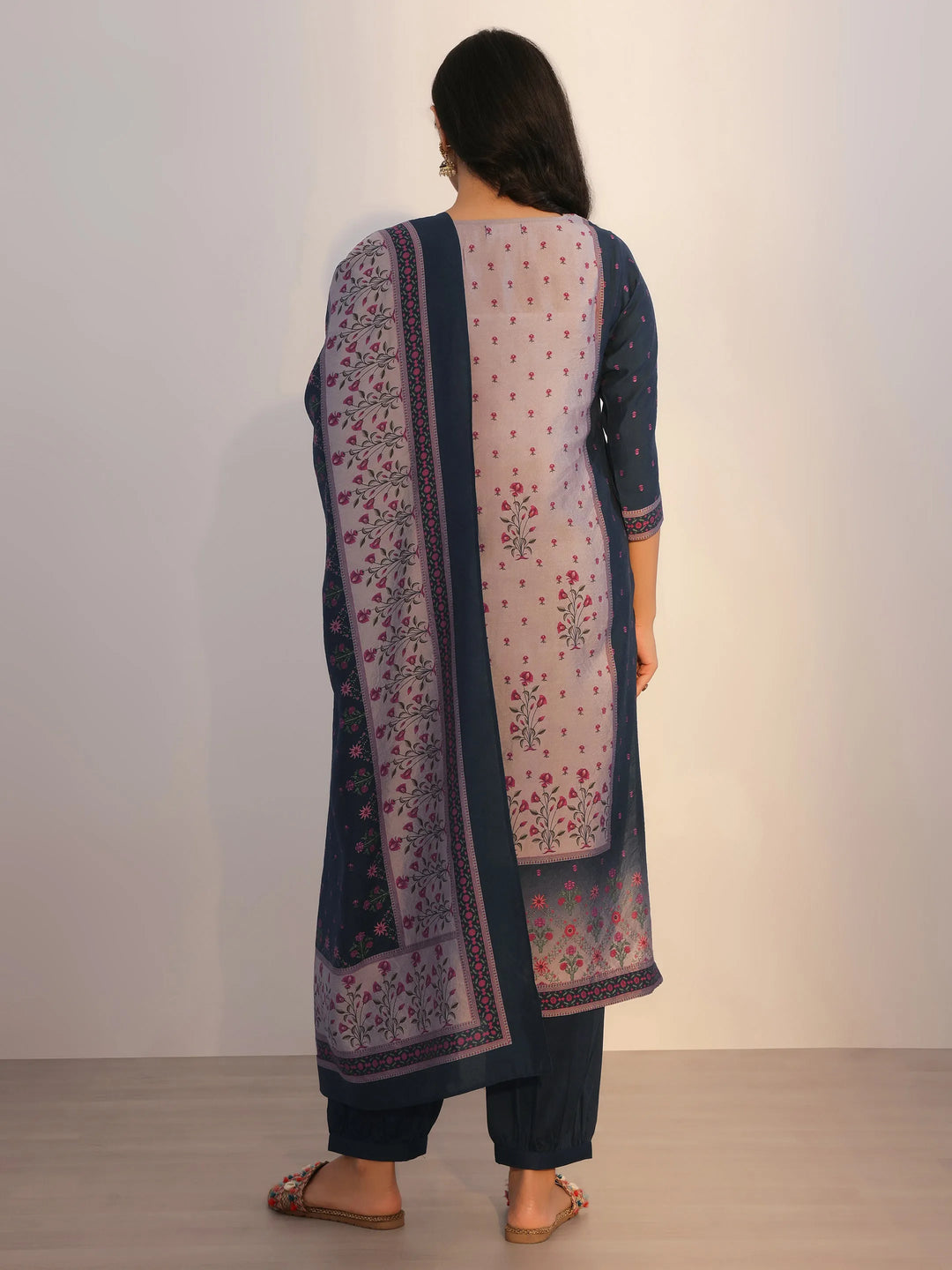  Blue Printed Silk Blend Straight Suit With Dupatta 