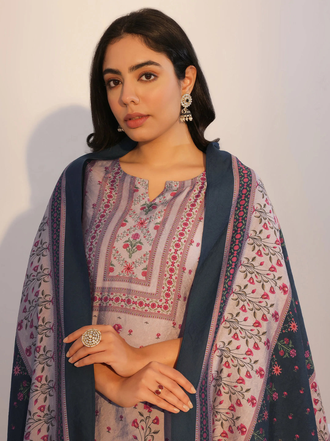  Blue Printed Silk Blend Straight Suit With Dupatta 